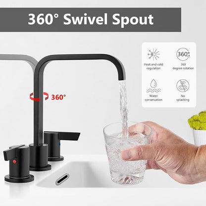 Matte Black Bathroom Faucet 3 Hole 8 Inch Widespread Waterfall | 2-Handle Vanity Faucet, Pop-Up Drain, Supply Lines, Adjustable 4- to 16-Inch Widespread Fit, 360° Swivel Spout