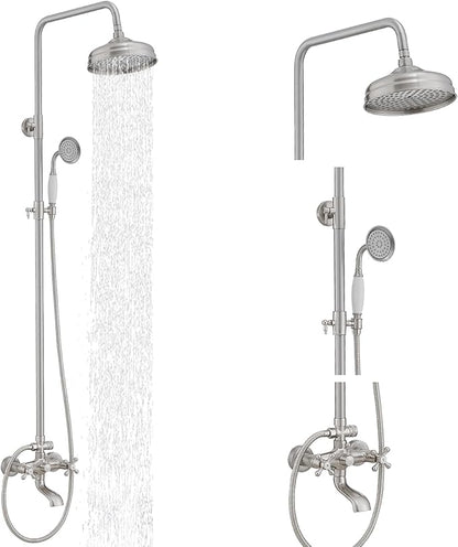 BWE Exposed Bathroom Shower Faucet Set Brushed Nickel Bathroom Shower Faucet Triple Functions 8 Inch Rainfall Shower Head Handheld Spray with Tub Spout Exposed Shower System Double Handle