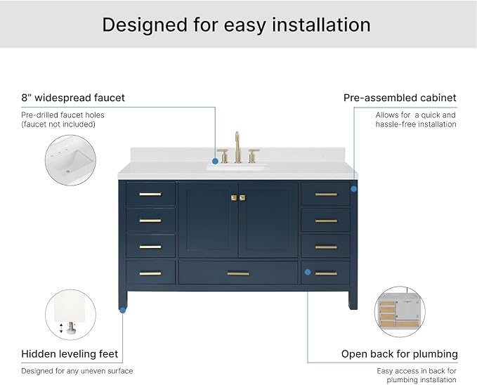 ARIEL Cambridge 60-inch Bathroom Vanity with Sink,Solid Wood, 1.5-inch Carrara White Quartz Countertop, Single Rectangular Porcelain Sink, 2 Soft Closing Doors, 9 Dovetail Drawers, Midnight Blue