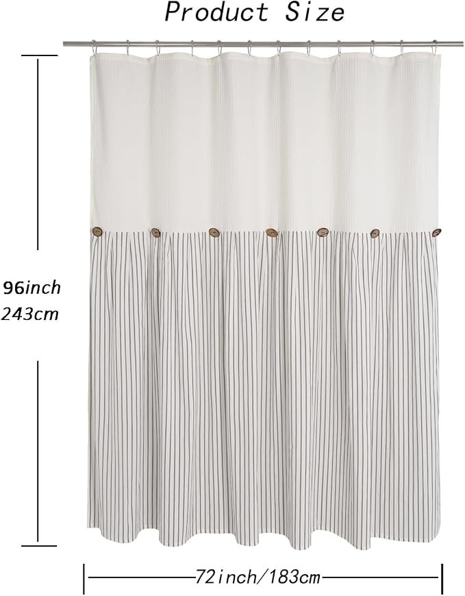 DOSLY IDÉES Farmhouse Shower Curtain, Beige and Gray Striped, Button Curtain, Spa Waffle and Cotton Woven Fabric, Rustic Charm Country Chic Style for Bathroom, 72x96 in