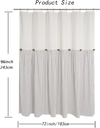 DOSLY IDÉES Farmhouse Shower Curtain, Beige and Gray Striped, Button Curtain, Spa Waffle and Cotton Woven Fabric, Rustic Charm Country Chic Style for Bathroom, 72x96 in