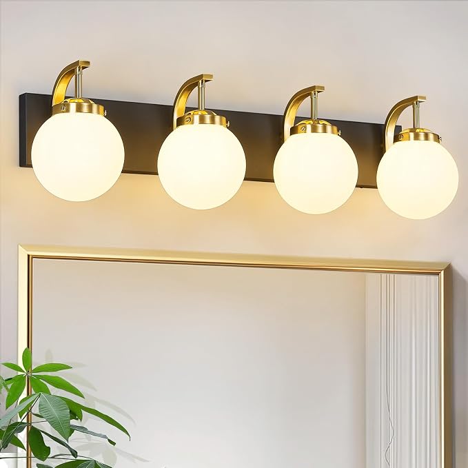 4-Light Bathroom Vanity Light Fixtures Sand Black Gold Vanity Lights Over Mirror Modern Wall Sconce with Milk White Glass Globe Lampshade for Lving Room Dining Room Corridor Powder Room