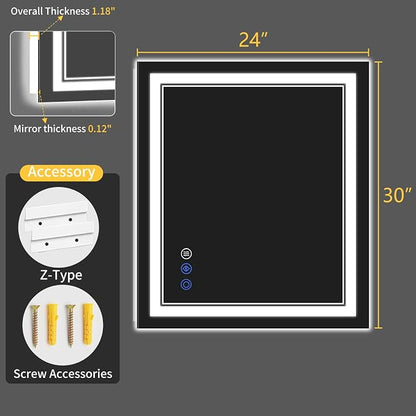 24"x30" LED Bathroom Mirror with Lights, Anti-Fog, Backlit + Front Lit, Dimmable, Led Vanity Mirror for Wall, Lighted Bathroom Mirror, 3 Colors, Shatter-Proof Tempered Glass