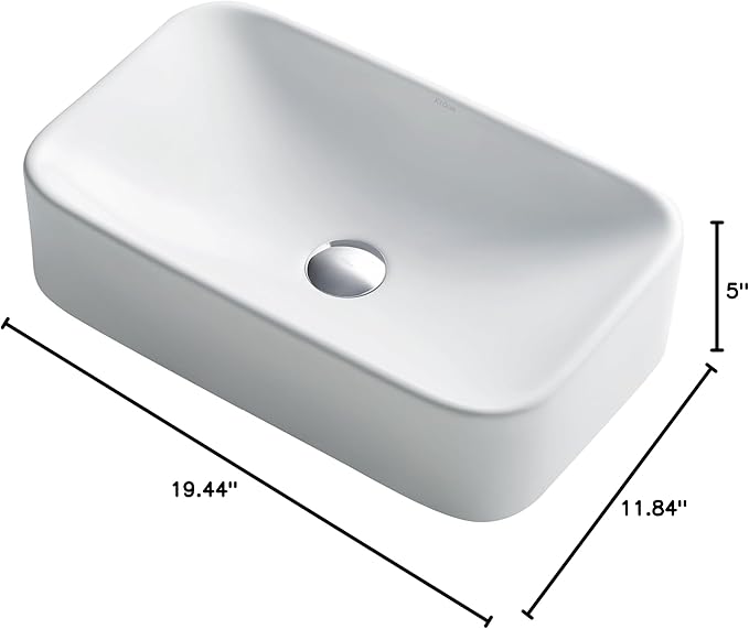 KRAUS Elavo Rectangular Vessel White Porcelain Ceramic Bathroom Sink, 19 inch KCV-122
