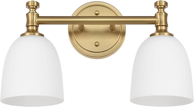 Gold Bathroom Vanity Light Fixtures, 2-Light Over Mirror, Traditional Vanity Lights for Living Room, Milk White Glass Shades, Standard E26 Base, Aged Brass, 16.3" W x 9.4" H x 6.25" D