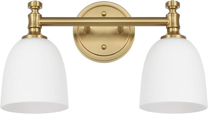 Gold Bathroom Vanity Light Fixtures, 2-Light Over Mirror, Traditional Vanity Lights for Living Room, Milk White Glass Shades, Standard E26 Base, Aged Brass, 16.3" W x 9.4" H x 6.25" D