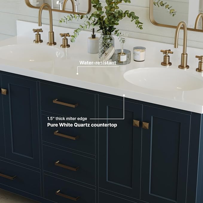 ARIEL Cambridge 60-inch Bathroom Vanity with Sink,Solid Wood, 1.5-inch Pure White Quartz Countertop & Backsplash, Double Oval Porcelain Sink, 4 Soft Closing Doors, 6 Dovetail Drawers, Midnight Blue