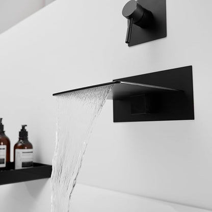 BWE Waterfall Tub Faucet Wall Mount Tub Filler Matte Black High Flow Brass Bathroom Bathtub Faucets with Single Handle
