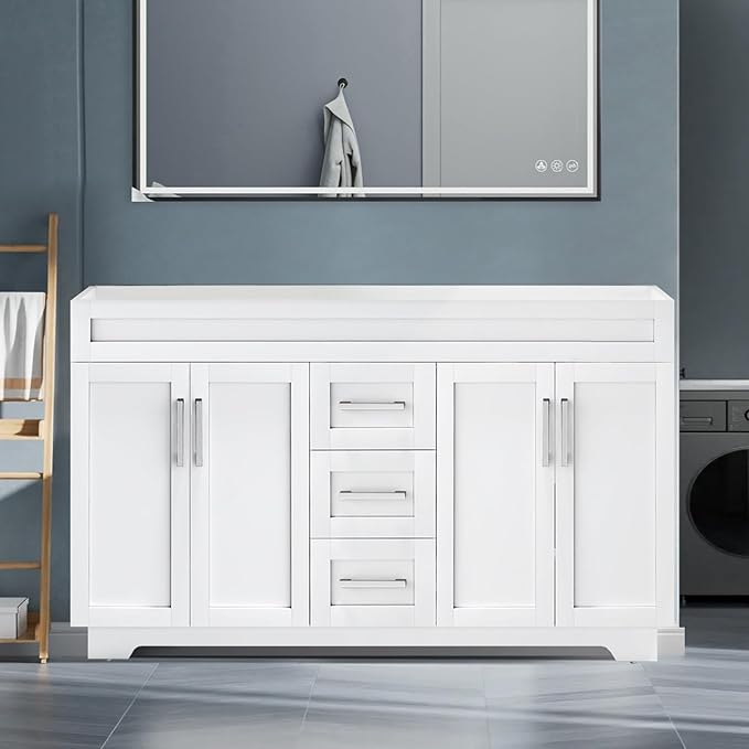 60 Inch Bathroom Vanity Without Sink, Modern Solid Wood Bathroom Storage Vanity with 4 Soft Closing Doors & 3 Full Extension Drawers,Quick Assemble Cabinet in White