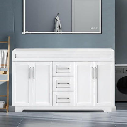 60 Inch Bathroom Vanity Without Sink, Modern Solid Wood Bathroom Storage Vanity with 4 Soft Closing Doors & 3 Full Extension Drawers,Quick Assemble Cabinet in White