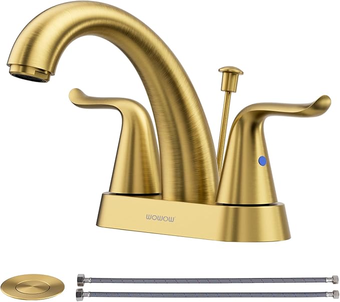 WOWOW 4 Inch Bathroom Sink Faucet - Brushed Gold Centerset Vanity Faucet with Lift Rod Drain Modern Mixer Tap for Rv Sink