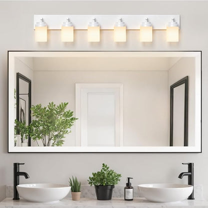 IZORRO Bathroom Vanity Light Fixture, 6-Light 46 Inch White Bathroom Light Fixtures Over Mirror, with White Glass Shade, Modern Farmhouse Vanity Lights, Rustic Restroom Lighting Fixtures
