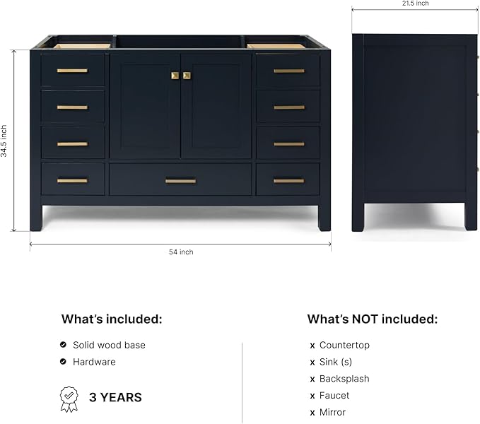 ARIEL Cambridge 54-inch Bathroom Vanity Base Cabinet,Solid Wood, 2 Soft Closing Doors, 9 Dovetail Drawers, Midnight Blue