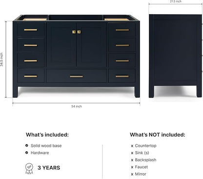 ARIEL Cambridge 54-inch Bathroom Vanity Base Cabinet,Solid Wood, 2 Soft Closing Doors, 9 Dovetail Drawers, Midnight Blue