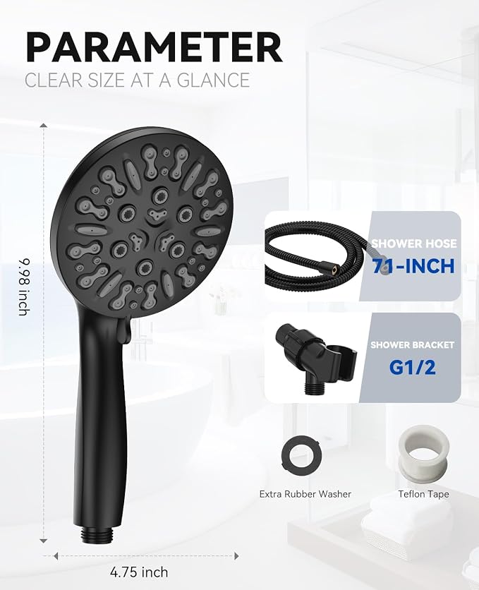 JDO Shower Head with Handheld, High Pressure Handheld Shower Head 9 Settings, Detachable Shower Head Set with Stainless Steel Hose and Shower Bracket (Matte Black)