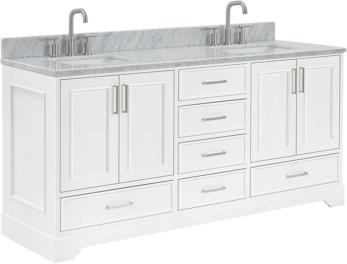 ARIEL Stafford 72-inch Bathroom Vanity with Sink,Solid Wood, 0.75-inch Italian Carrara Marble Countertop, Double Rectangular Porcelain Sink, 4 Soft Closing Doors, 6 Dovetail Drawers, White