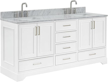 ARIEL Stafford 72-inch Bathroom Vanity with Sink,Solid Wood, 0.75-inch Italian Carrara Marble Countertop, Double Rectangular Porcelain Sink, 4 Soft Closing Doors, 6 Dovetail Drawers, White