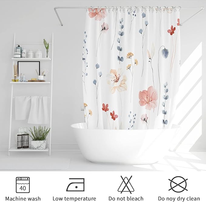 Coral Beige Watercolor Floral Fabric Shower Curtain, 48x72 | Waterproof Fabric, Modern Minimalist Floral Print, Machine Washable, Rustproof Grommets, for Bathroom Home, Stall