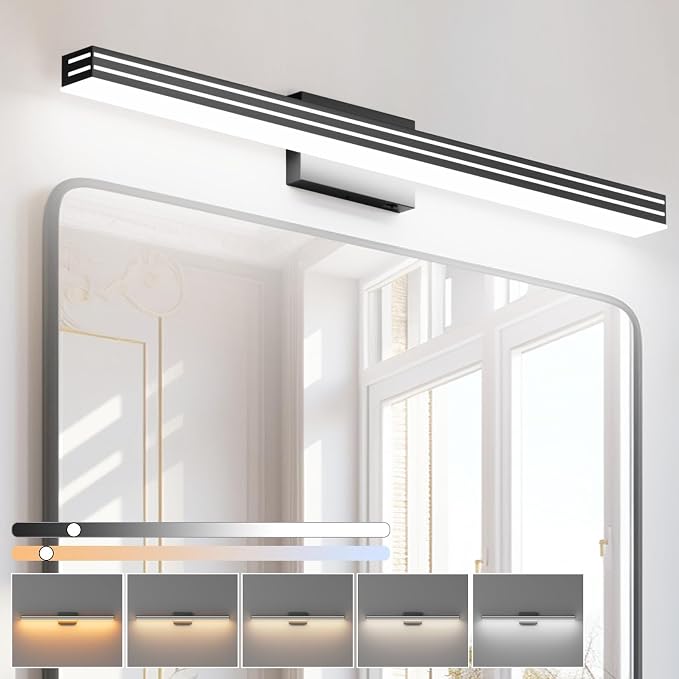 Ralbay 5 Color Temperature Dimmable LED Modern Black Vanity Light for Bathroom 40inch 36W Acrylic Matte Black Bathroom Vanity Lighting Fixtures Over Mirror