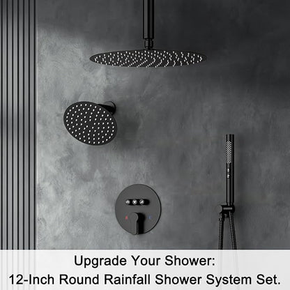 Shower Systems Round Shower Faucet Sets,12+6" Dual Rainfall Shower head with 2 in 1 Handheld Spray, Ceiling Mount Push Button Shower Set with Valve and Trim Kit Matte Black,Can Use All at Once