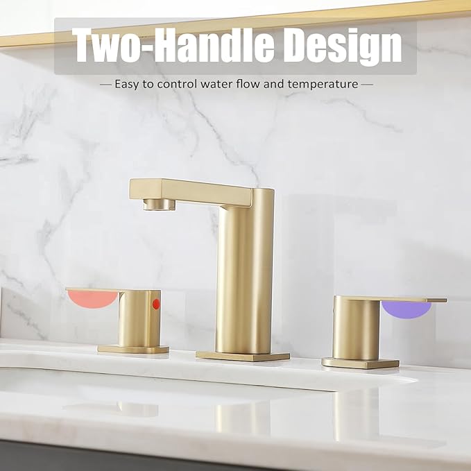 Gold Bathroom Faucet 3 Hole, Widespread Bathroom Faucet Brushed Gold, 2-Handles 8 Inch Centerset Bathroom Sink Faucets with Water Hoses and Drain Faucets for RV Bath Vanity Lavatory, RH079GVAL
