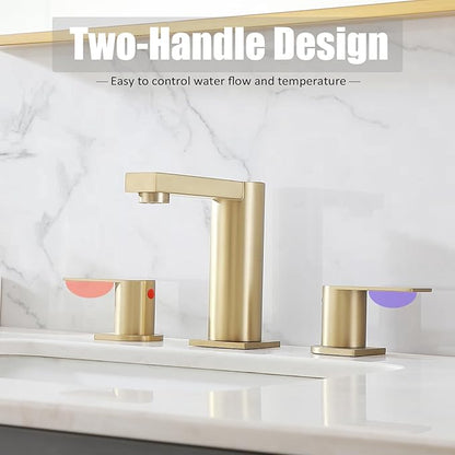 Gold Bathroom Faucet 3 Hole, Widespread Bathroom Faucet Brushed Gold, 2-Handles 8 Inch Centerset Bathroom Sink Faucets with Water Hoses and Drain Faucets for RV Bath Vanity Lavatory, RH079GVAL