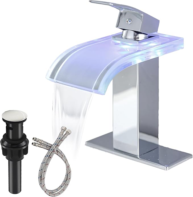 LED Bathroom Faucet, Chrome Waterfall Bathroom Sink Faucet, 1 Hole Single Handle Polished Vanity Mixer Tap Commercial Temperature Control Light Color Change