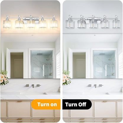 5 Light Bathroom Vanity Light, Modern Crystal Bathroom Ligth Fixture, Chrome Vanity Lights, Light Fixtures Above Mirror, Wall Lamp for Mirror Living Room Cabinet Bedroom Porch
