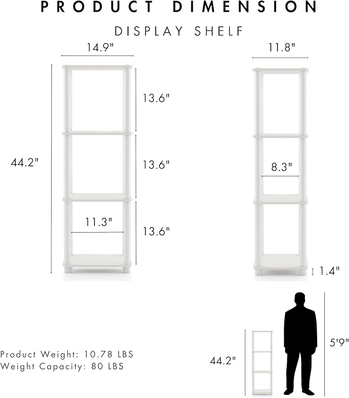 Homes: Inside + Out Apexa Modern 4-Tier Narrow Shelving Units, Collectibles Display Shelves, Easy Assembly Standing Shelf, Home Storage Organizer for Living Room, Bedroom, Office, White