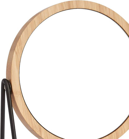 Amazon Basics Vanity Round Tabletop Mirror with Bamboo Rim, Double Sided Magnifying, 360° Rotation, Black, 7.2"L x 2.87"W
