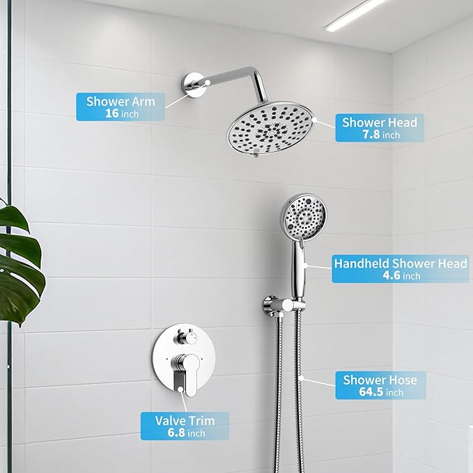 EMBATHER Shower Faucets Sets Complete with 3 Setting High Pressure Shower Head, Bathroom Wall Mounted Rainfall Shower Fixtures with 8-Mode Handheld Spray, Polished Chrome