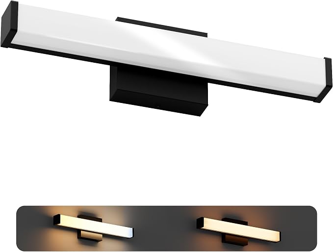 18 Inch Bathroom Vanity Light Fixtures with Night Light: Long Square Wall Mounted LED Lighting Bar Over Mirror with 5CCT & 2200K Color Changing, 120V, 780-900lm, ETL, Matte Black, 1 Pack