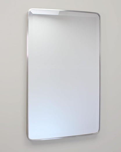 16x26 Austin Farmhouse Metal Framed Rounded Rectangle Recessed Bathroom Medicine Cabinet, Beveled Mirror, 14x24 in-Wall Opening, powder-coated Steel, Glass Shelves, Magnet Close, Brushed Nickel