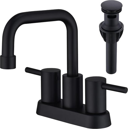4 Inch Centerset Matte Black Bathroom Faucet 2 or 3 Hole | Stainless Steel Black Sink Faucet with Pop up Drain, 2 Handle Vanity Faucet for Bathroom, Restroom, Rv