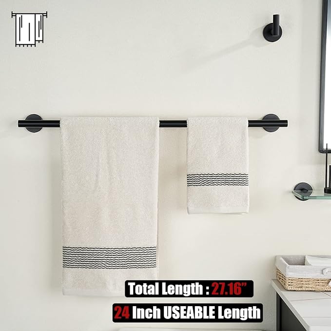 JQK Black Towel Bar, 27 Inch 304 Stainless Steel Thicken 0.8mm Towel Rack Bathroom, Towel Holder Matte Black Wall Mount, Useable Length 24 Inch 2 Pack, TB110L24-PB-P2