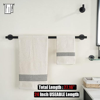 JQK Black Towel Bar, 27 Inch 304 Stainless Steel Thicken 0.8mm Towel Rack Bathroom, Towel Holder Matte Black Wall Mount, Useable Length 24 Inch 2 Pack, TB110L24-PB-P2