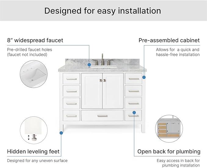 ARIEL Cambridge 48-inch Bathroom Vanity with Sink,Solid Wood, 1.5-inch Italian Carrara Marble Countertop, Single Rectangular Porcelain Sink, 2 Soft Closing Doors, 9 Dovetail Drawers, White