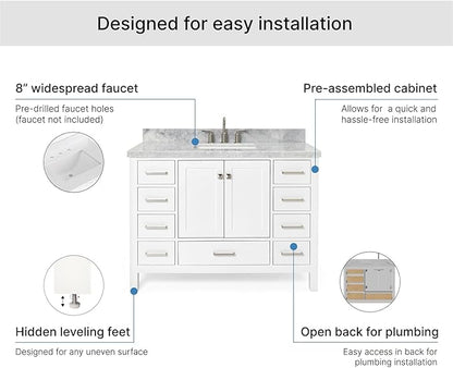 ARIEL Cambridge 48-inch Bathroom Vanity with Sink,Solid Wood, 1.5-inch Italian Carrara Marble Countertop, Single Rectangular Porcelain Sink, 2 Soft Closing Doors, 9 Dovetail Drawers, White