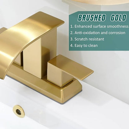 Hoimpro 3 Holes 4 Inch Bathroom Faucet, Waterfall Brushed Gold Two Handles Centerset Sink Faucet with cUPC Supply Hoses and Pop Up Drain