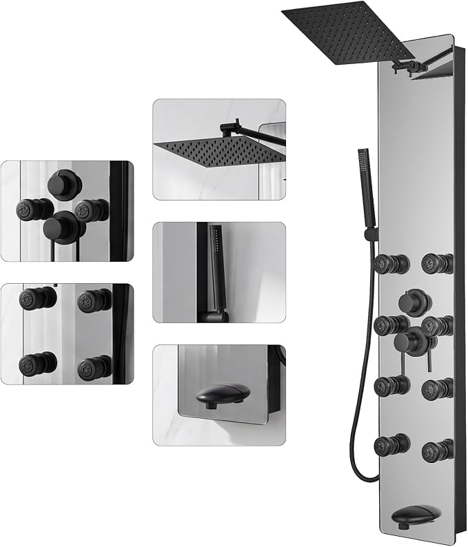 Shower Panel - Adjustable Rainfall Head, Black | Stainless Steel and Glass, Multifunction Shower Panels Tower System, Handheld Shower 2-Setting Body Jets, Tub Spout