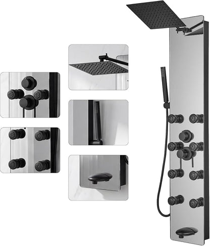 Shower Panel - Adjustable Rainfall Head, Black | Stainless Steel and Glass, Multifunction Shower Panels Tower System, Handheld Shower 2-Setting Body Jets, Tub Spout