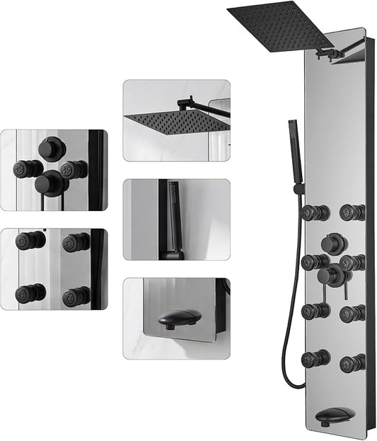 Shower Panel - Adjustable Rainfall Head, Black | Stainless Steel and Glass, Multifunction Shower Panels Tower System, Handheld Shower 2-Setting Body Jets, Tub Spout