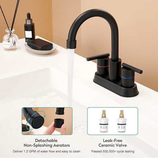 Faustina Matte Black Bathroom Faucet, 4 Inch Centerset Bathroom Faucets for Sink 2 Hole 3 Holes，Two Handles 304 Stainless Steel Faucet with Pup up Drain and 2 cUPC Water Supply Lines for RV Vanity