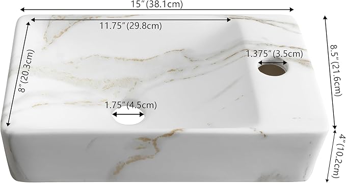 JONATHAN Y SNK1004C-R Felix 15 in. W x 8 in. D Modern Wall Mounted Rectangular Ceramic Mini Sink Basin, Right-Side Faucet, White Marble Effect