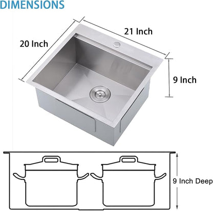 VAPSINT 21x20 Inch Drop In Kitchen Sink Workstation, 21 Inch Topmount Kitchen & Bar Sink 16 Gauge Stainless Steel Handmade Single Bowl Small Kitchen Sinks for RV Wet Prep with Accessories