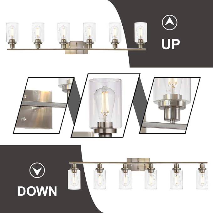 MELUCEE Modern Bathroom Vanity Light Fixtures 6-Light Brushed Nickel | 45.3 Inch Contemporary Wall Light with Clear Glass Shade for Kitchen Living Room Bedroom (Patent No.: US D963914 S)