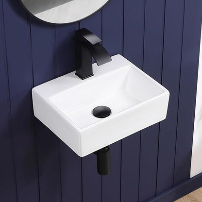 Wall Mount Bathroom Vessel Sink 15"x12" Rectangular Floating White Porcelain Ceramic Wall Hung Vanity Basin Sink for Home,RV,Bathroom