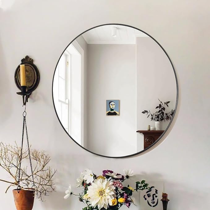 Black Round Mirror, Small 16" Circle Mirror, Round Wall Mirror with Simple Metal Frame, Modern Round Mirror Hanging for Bathroom, Bedroom, Entryway Wall Decoration, (16" Black)