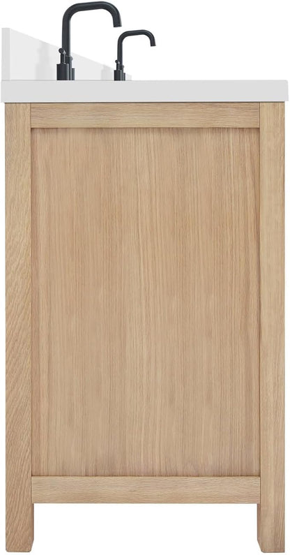 ARIEL Cambridge 66-inch Bathroom Vanity with Sink,Solid Wood, 1.5-inch Pure White Quartz Countertop, Double Rectangular Porcelain Sink, 4 Soft Closing Doors, 6 Dovetail Drawers, White Oak