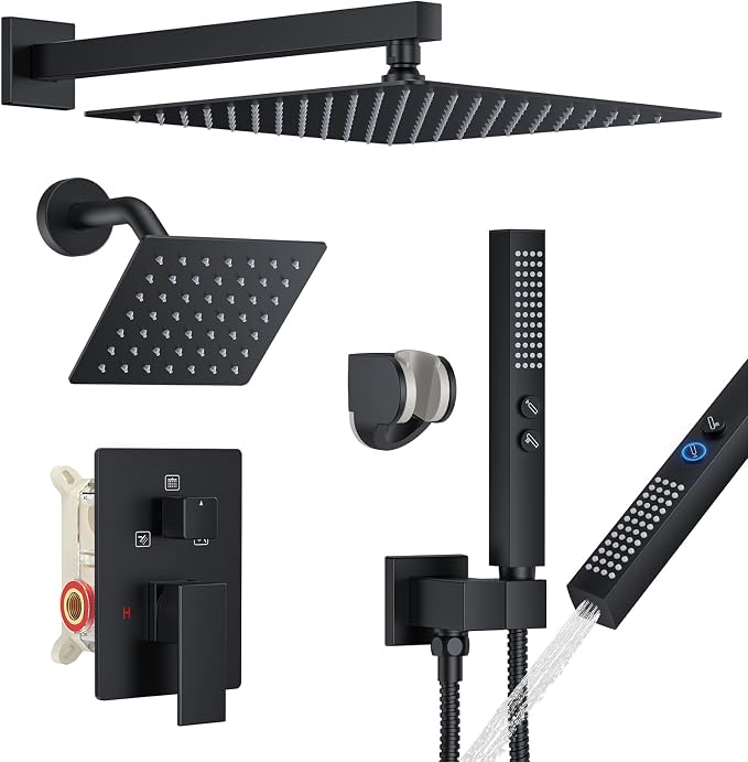 Rain Shower System 12" & 6" Dual Shower Heads, Wall Mount Shower Faucet Set | Ideal for bathroom remodels and upgrades with 12" rain shower, 6" angled shower, handheld spray and complete valve kit.